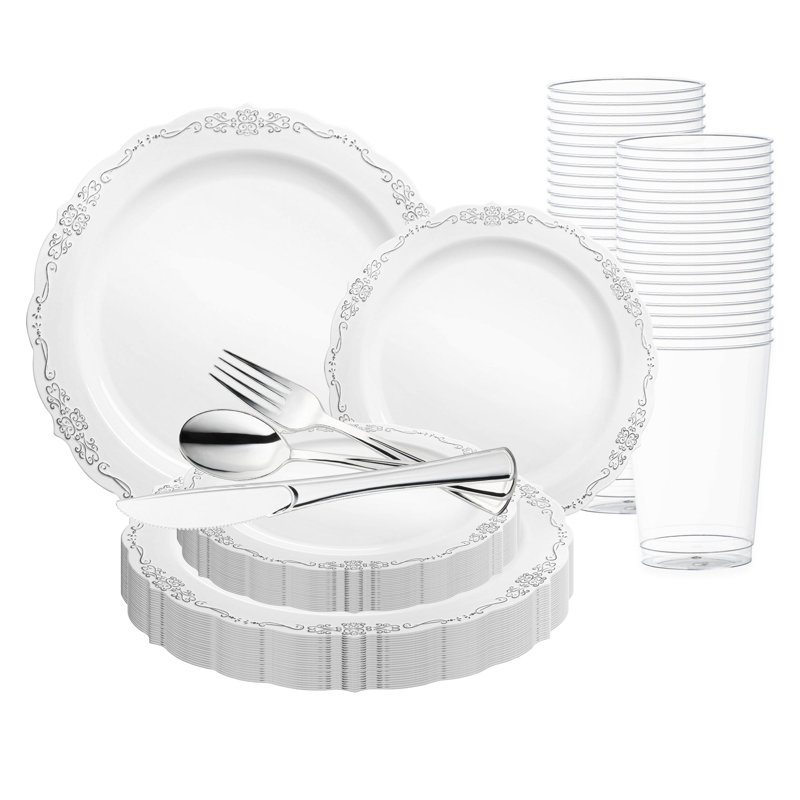 Ensemble de 60 pièces de 60 pièces en plastique jetable blanc à bordure argentée de style vintage, idéal pour un mariage.