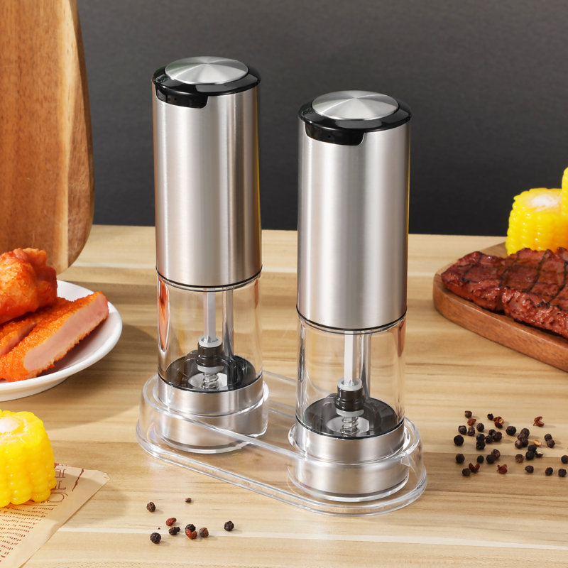 2 Pcs Electric Pepper Grinder: Kitchen Salt Grinder - Stainless Steel Automatic Mill With Base