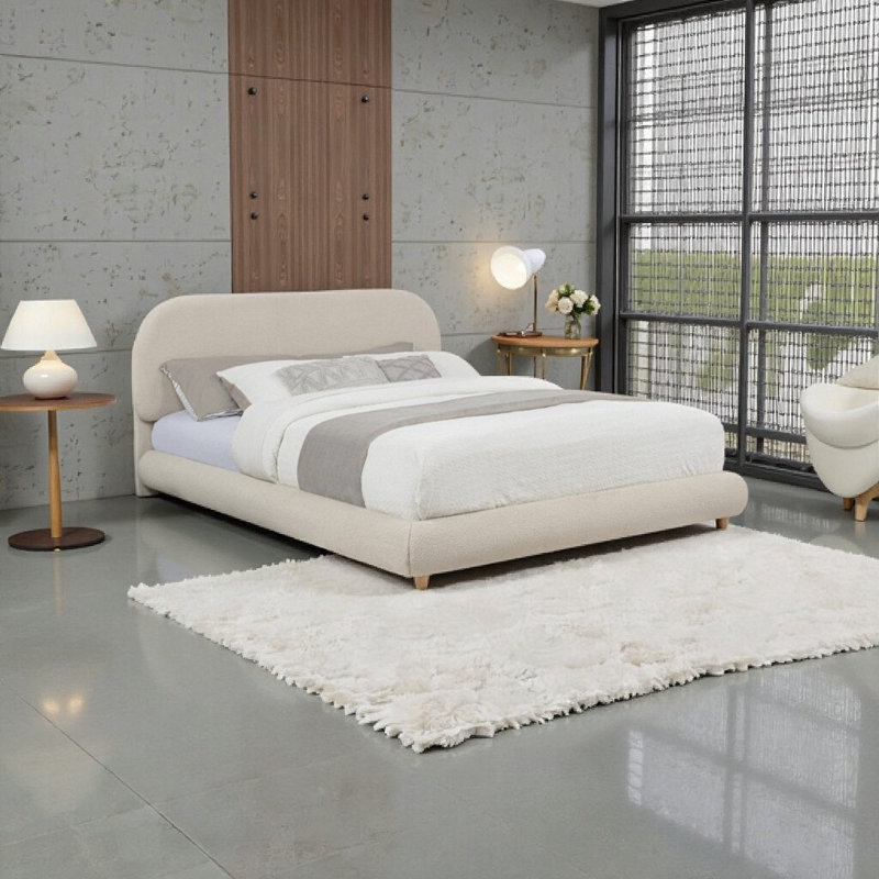 Lit rembourré à profil bas - Tissu molletonné au design minimaliste (grand lit), Crème, crème