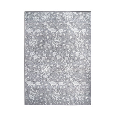Kalini Floral Grey Performance Flatweave Washable Floral Indoor / Outdoor Rug