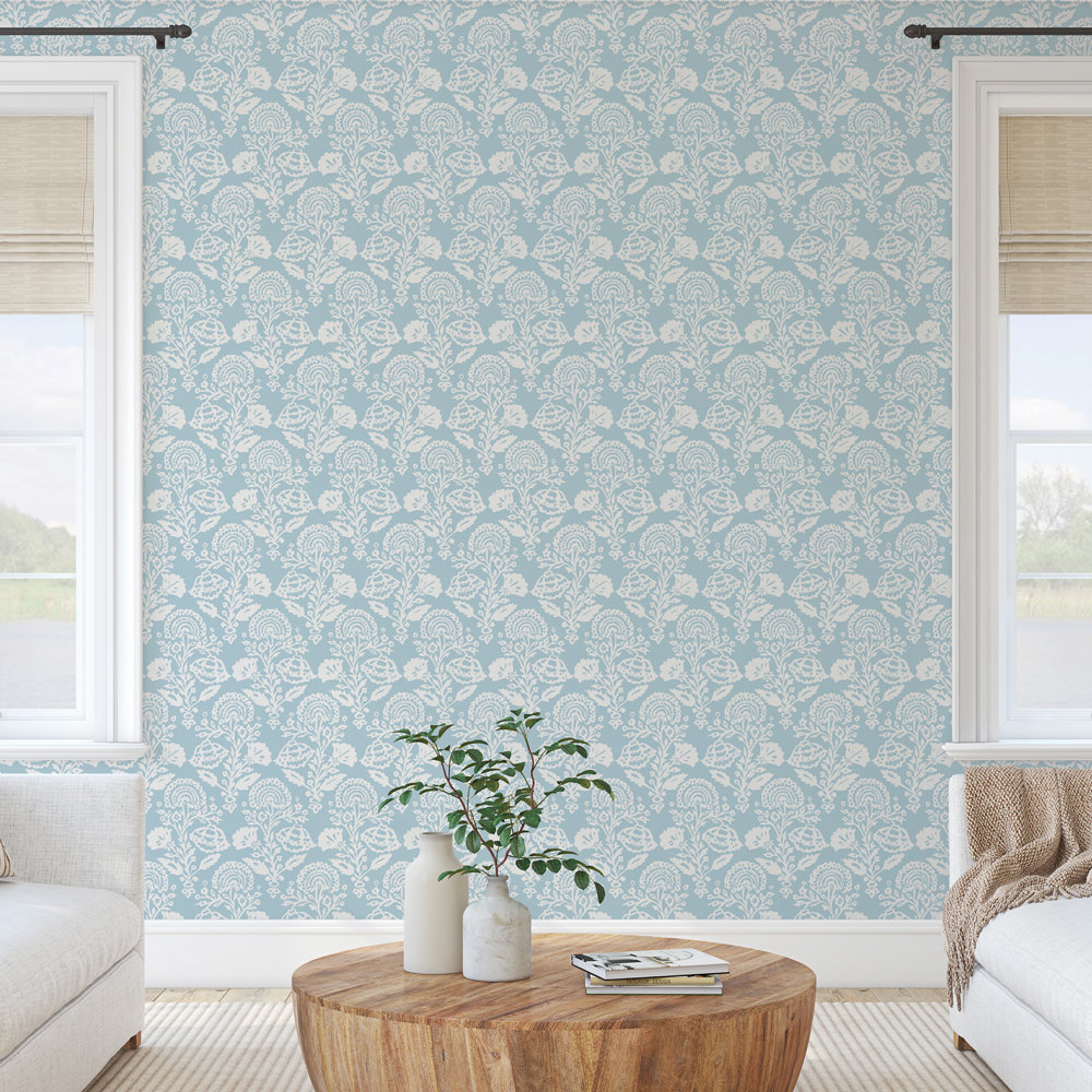 Floral Damask Peel and Stick Wallpaper, Blue
