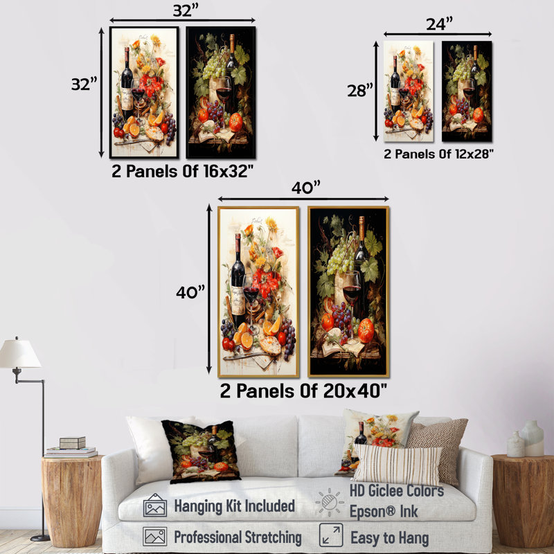 «French Red Wine Tempting Harmony», ensemble d'art mural sur toile 2 pièces, Encadrement brun, H 28 po x l 25 po