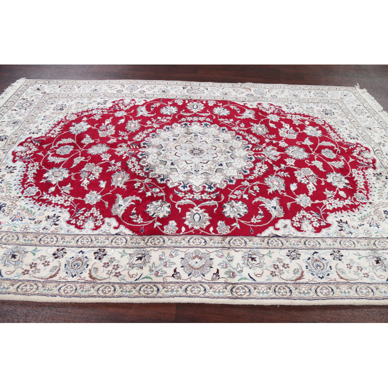 Tapis de zone en laine beige/rouge 6 pi 6 po x 9 pi nain noué la one-of-kind à la main Van Orden