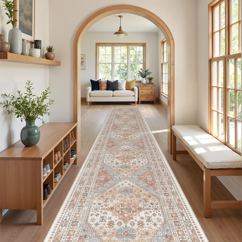 Malaika Machine-Washable Non-Slip Medallion Area Rug, Runner 2'6" x 16', Orange