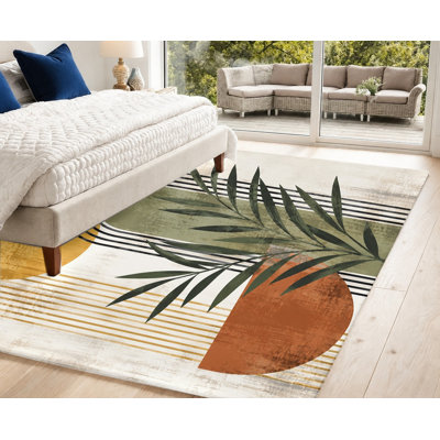 Tapis lavable à motif géométrique abstrait de feuilles, style moderne, surface en velours, doux et antidérapant, idéal pour le salon, la chambre à coucher, l'entrée, le bureau, le balcon ou un appartement.