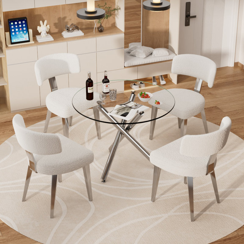 Modern Round Tempered Glass Dining Table Set With Bouclé Chairs, 3/5 Piece Contemporary Kitchen Table And Chairs, Small Space Dining Set With Metal Base, White