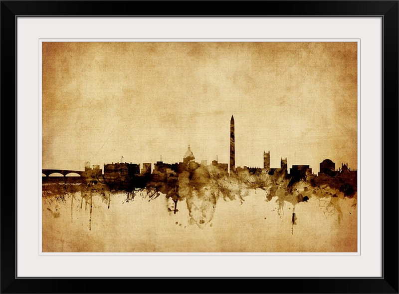«Francy Washington DC Skyline» par Michael Tompsett, impression, Cadre noir, H 24 po x l 32 po x P 1 po