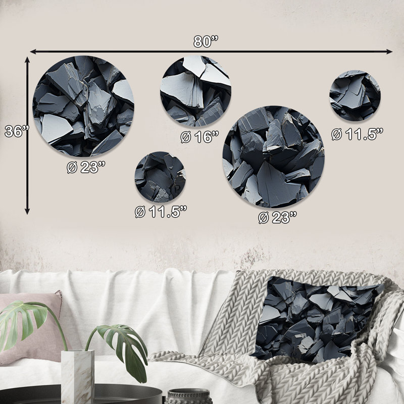 Tachisme Grey Rocks Explosion - Tachisme Round Wall Art Set Of 5