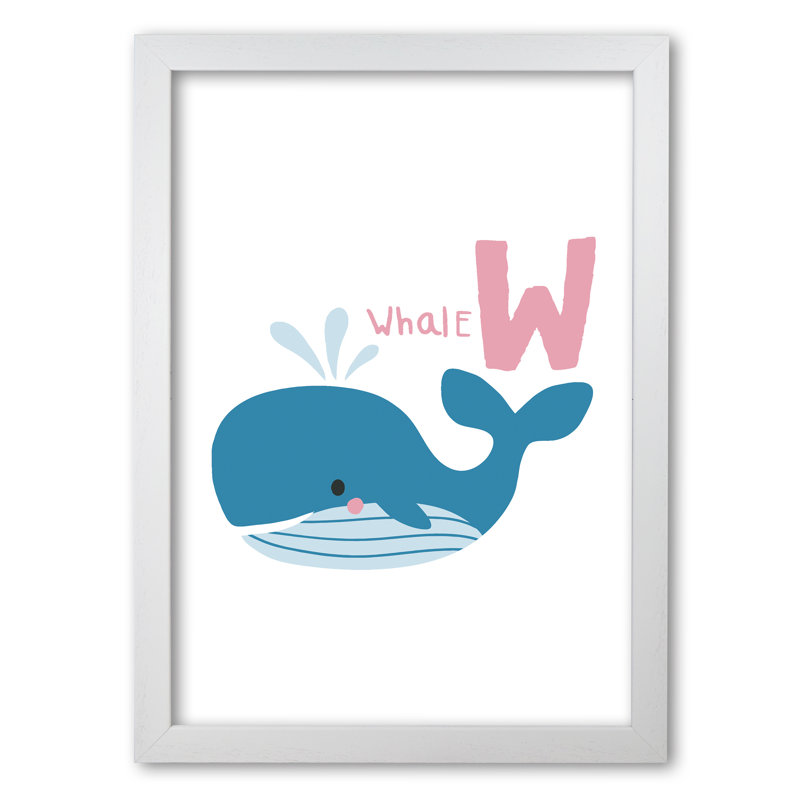 Alphabet Animals, W Is For Whale - Print, 30 cm H x 21 cm W x 5 cm D, White Grain Frame