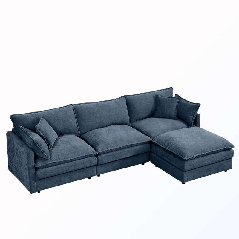 L-Shape Chenille Sectional Couches with Movable Ottoman, Blue Chenille