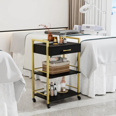 Chariot roulant noir en bois avec 1 tiroir et 2 tablettes