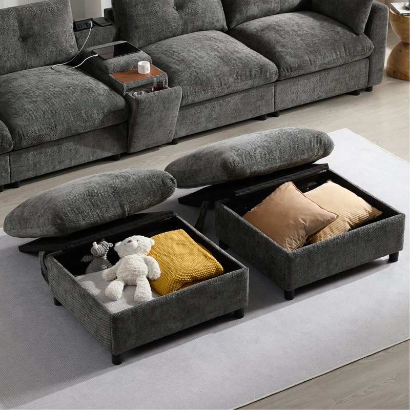 136" Modular Sectional Sofa With Console, Cup Holder, USB Charger, Movable Storage Ottoman, Pull-Line & Tufted Design, U-Shaped Oversized Chenille Sofa For Living Room & Apartment