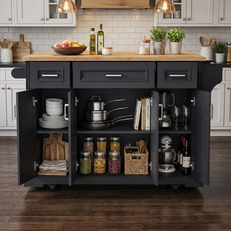 54" Kitchen Island Center with Drop Leaf, Matt Black