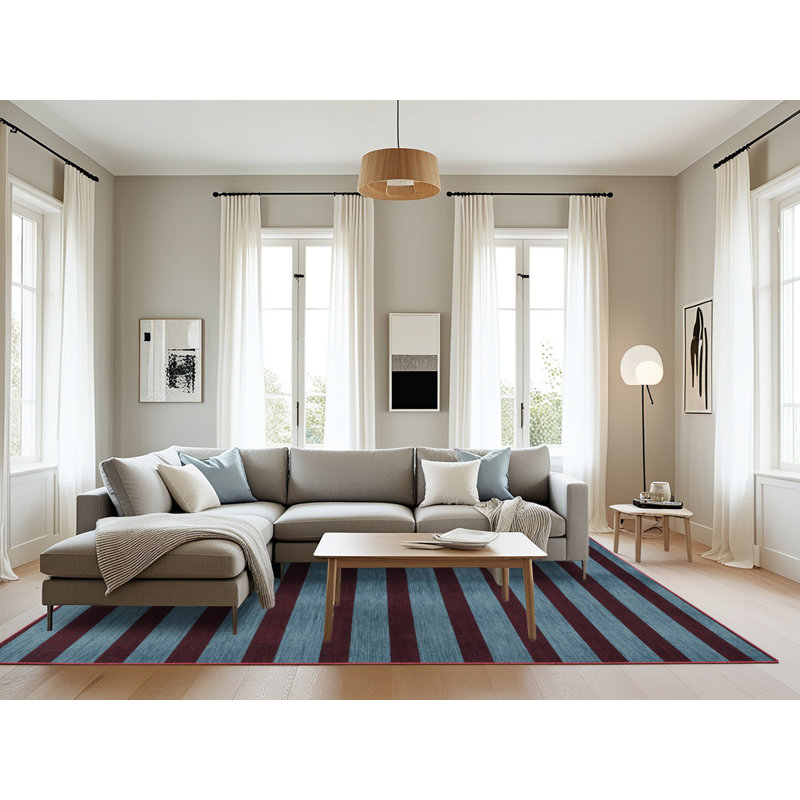 Tapis rouge à rayures horizontales lavable à la machine, Rectangle 6 pi x 9 pi