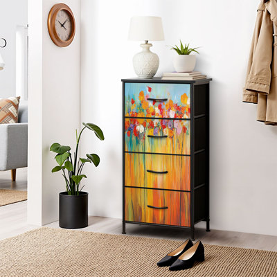 Dresser for Bedroom Dresser for Closet Abstract floral oil color painting Hand painted Yellow Red Dressers & Chests of Drawers Fabric Closet Organizers and Storage with 4 Drawers Storage Bins