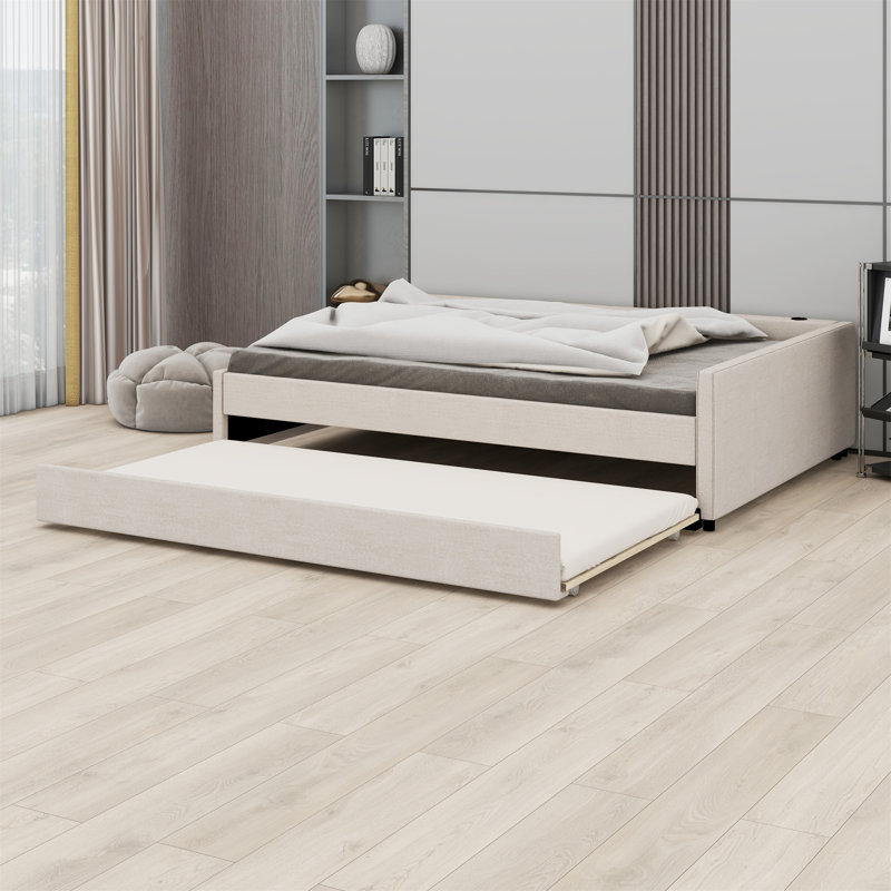 Lit plateforme tapissier avec port USB et lit gigogne, Double