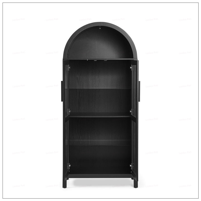 Modern Retro-Style Wooden Storage Cabinet With Adjustable Glass Partitions And High Arched Design For Multi-Functional Kitchen Use