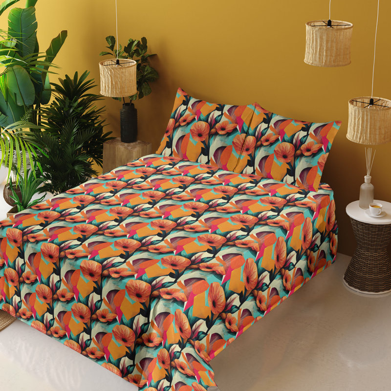 Ambesonne Floral Sheet Set Pattern of Realistic Flowers Marigold Ivory and Aqua, Full Sheet Set with 2 Pillowcases