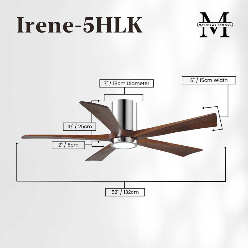 Irene Flushmount Light Kit 5 Blade LED Ceiling Fan, Polished Chrome, 52", Walnut Tone