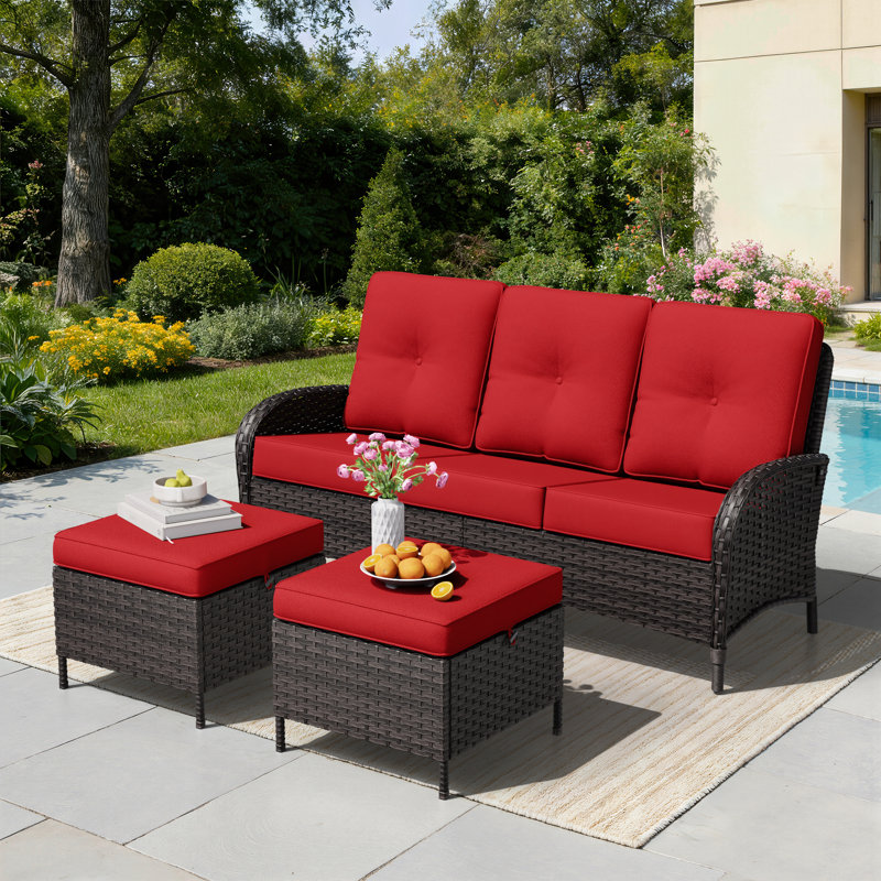 3-Person PE Wicker Outdoor Patio Set With 3-Seat Sofa, 2 Ottomans & Red Cushions, Red