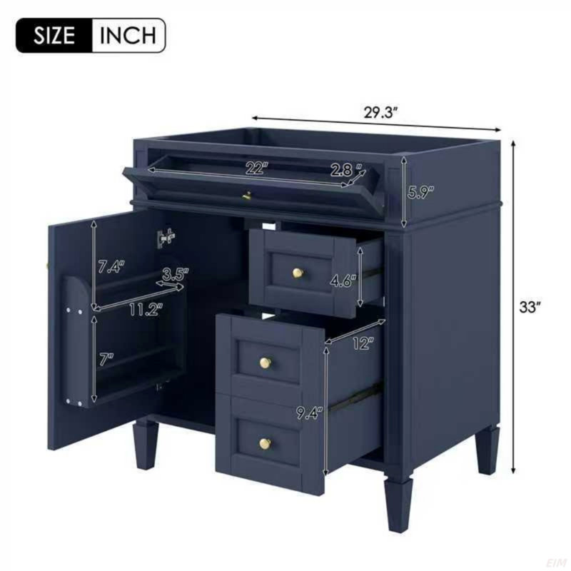 Meuble-lavabo de salle de bain sans lavabo supérieur, armoire de rangement moderne avec 2 tiroirs et un tiroir basculant, 30"