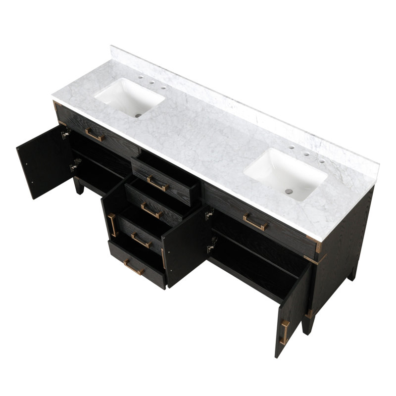 Meuble-lavabo double en chêne noir 80 po X P 22 po D, avec plateau en marbre de Carrare, Marbre de Carrare