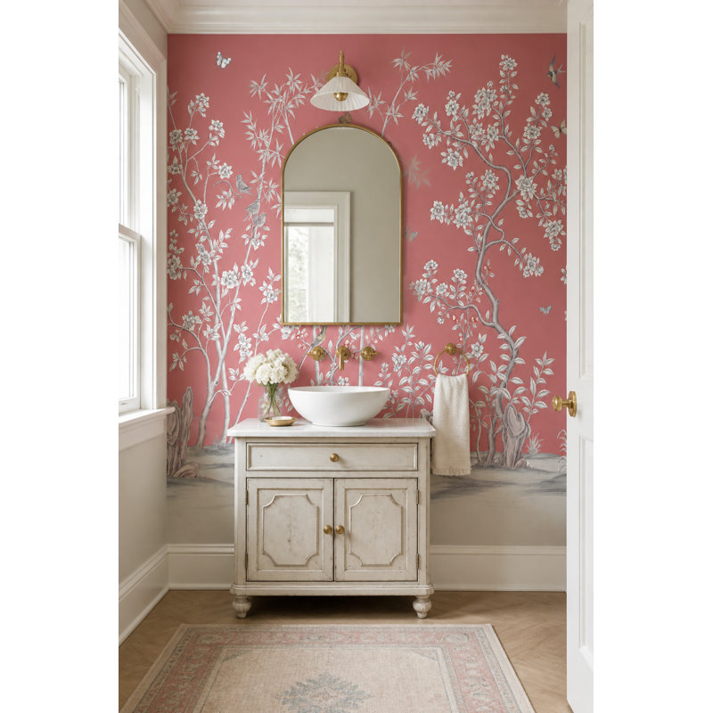 Papier peint floral amovible rose de style chinoiserie, 160"x108", Non-Woven Nonpasted