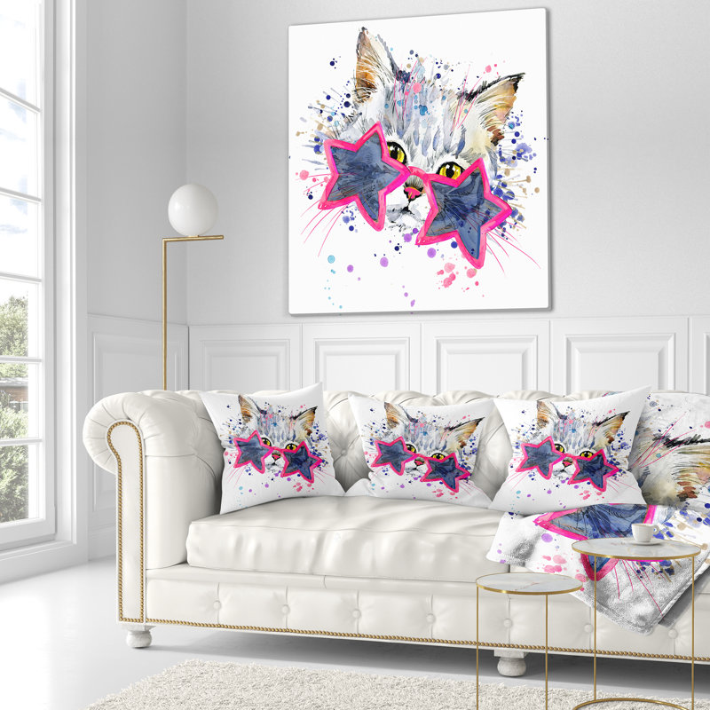 Mignon chaton avec des étoiles bleues - oreiller imprimé animal, 18 po x 18 po, Coussin décoratif