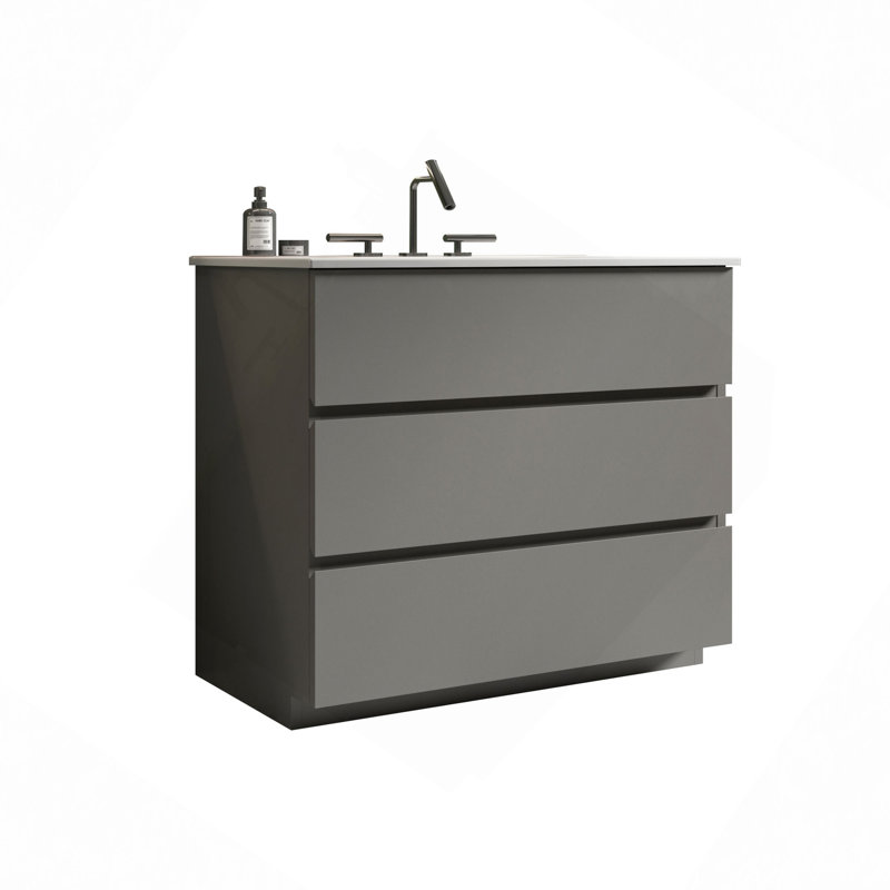 Meuble-lavabo de salle de bain avec lavabo avec 3 trous de robinet, grand meuble-lavabo autoportant pour salle de bain moderne, lavabo blanc monobloc sans drain ni robinet, pré-assemblé