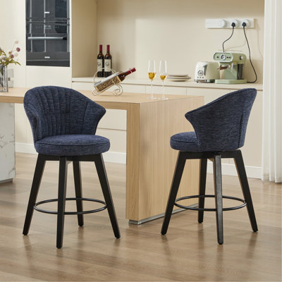 Ensemble de tabourets de bar pivotants à oreilles avec tabourets réglables à hauteur de comptoir de 2 à 25 po avec pieds en bois massif et revêtement en chenille, pieds de nivellement pour îlot de cuisine, pub ou salle à manger, bleu