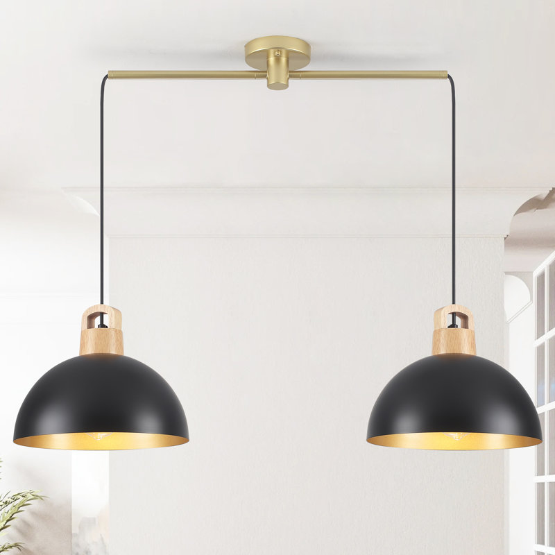 Luminaire suspendu en dôme industriel moderne en métal à 2 lumières à intensité variable de 11,8 po, Noir et or