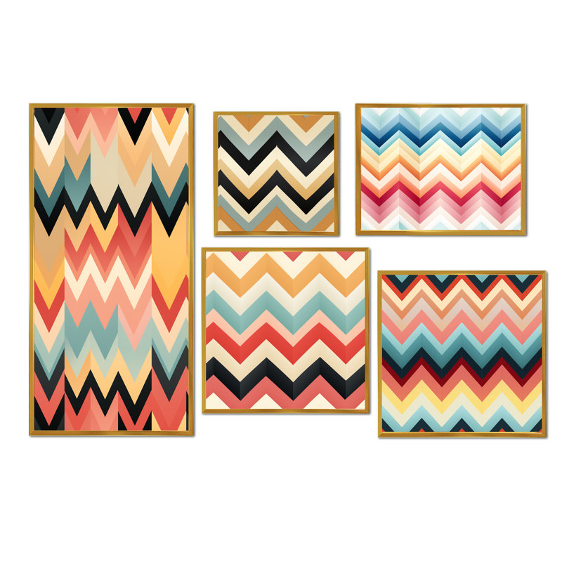 Charland - ensemble de 5 reproductions d'art sur toile à chevrons, Cadre flottant doré