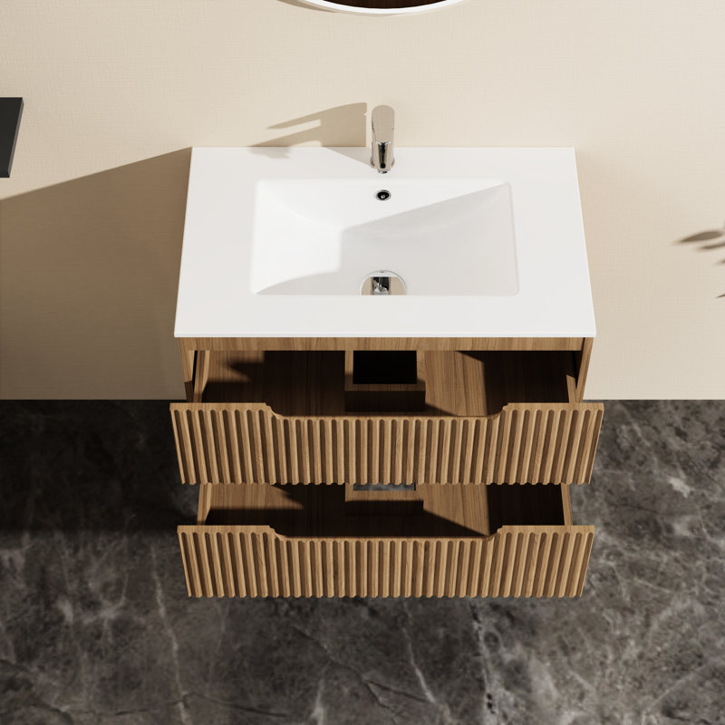 Meuble-lavabo mural de 30 po avec design flottant, tiroirs à fermeture en douceur, finition noyer, espace de rangement spacieux pour les articles essentiels 30 po en noyer, système de fermeture en douceur, grand Mid-Century moderne