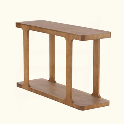 Minimalist Modern Console Table, Inlaid Assembly Design, Solid Wood Legs, Pine Veneer, Thick Tabletop & Bottom Shelf, Entryway Sofa Table for Living R