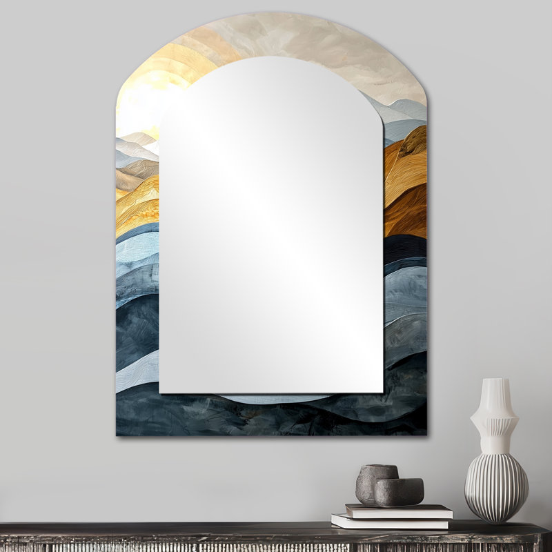 Paysage de montagnes jaunes gris audacieux au coucher du soleil I - Miroir mural jaune moderne, 34 po x 25 po