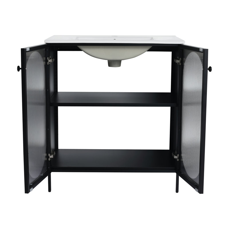 Meuble-lavabo autoportant simple 30 po avec comptoir en céramique Mafalda, Noir, noir, noir, noir