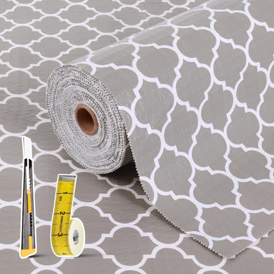 Doublure de tiroir et de tablette pour armoire de cuisine: doublure imperméable et antidérapante en papier pour tablette de 12 po x 20 pi et doublure de réfrigérateur quadrilobe gris pour armoire de salle de bain avec ruban à mesurer