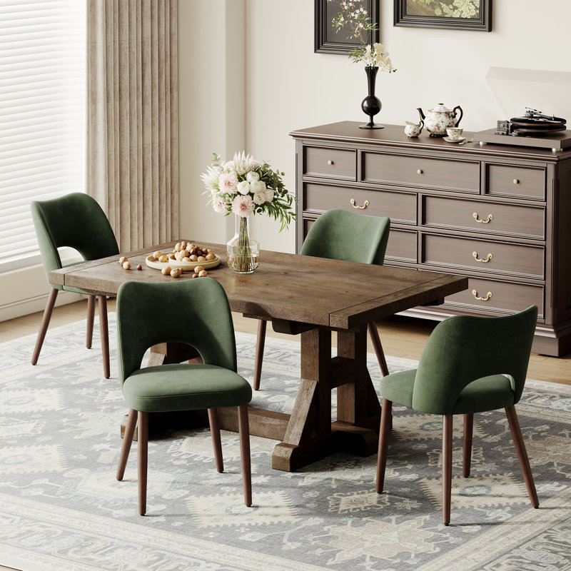 Modern Upholstered Dining Chair Side Chair with Wooden Legs, Green