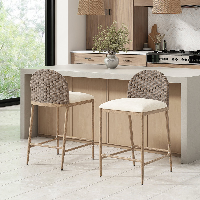 Ensemble de tabourets de bar 25 po avec 2 tabourets de comptoir en fer sans dossier avec dossier en rotin pour îlot de cuisine, brun et beige