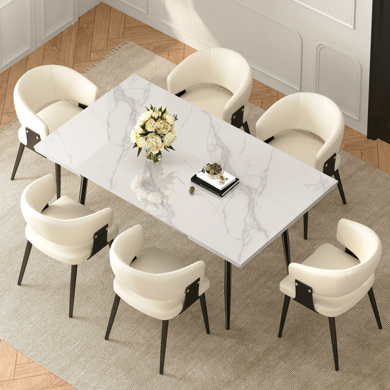 Expandable White Sintered Stone Dining Table And Chair Set, Beige, 7 Pieces: Table, 6 Chairs