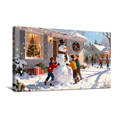 Christmas Winter Scene With Children And Snowman