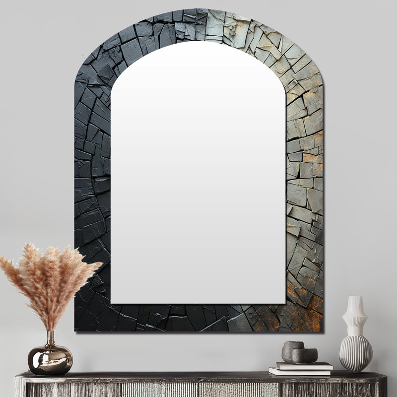 Pierre grise brisée Geode Minimalisme III - miroir mural en pierre spirituelle, miroir décoratif asymétrique traditionnel, impression d'art en métal