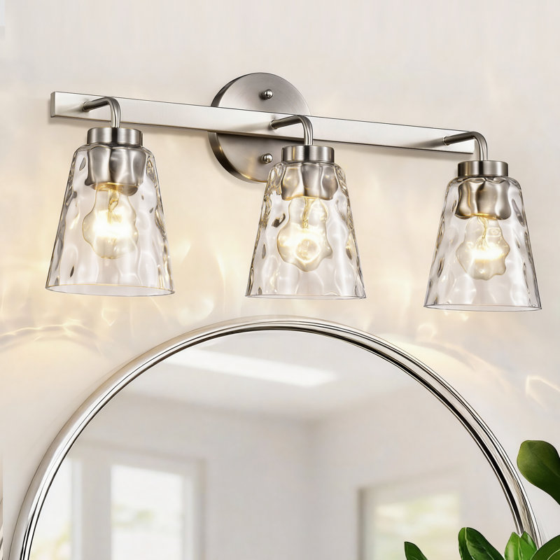 3-Light 22 In. Brushed Nickel Vanity Light With Hammered Clear Glass Shades, Brushed Nickel