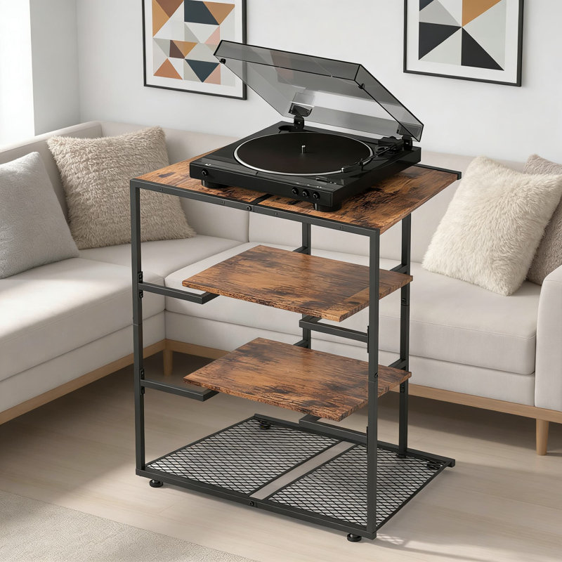 Support multimédia à 4 niveaux pour console de jeu, tourne-disque et équipement audio avec tablettes réglables, conception d'angle et gestion des câbles