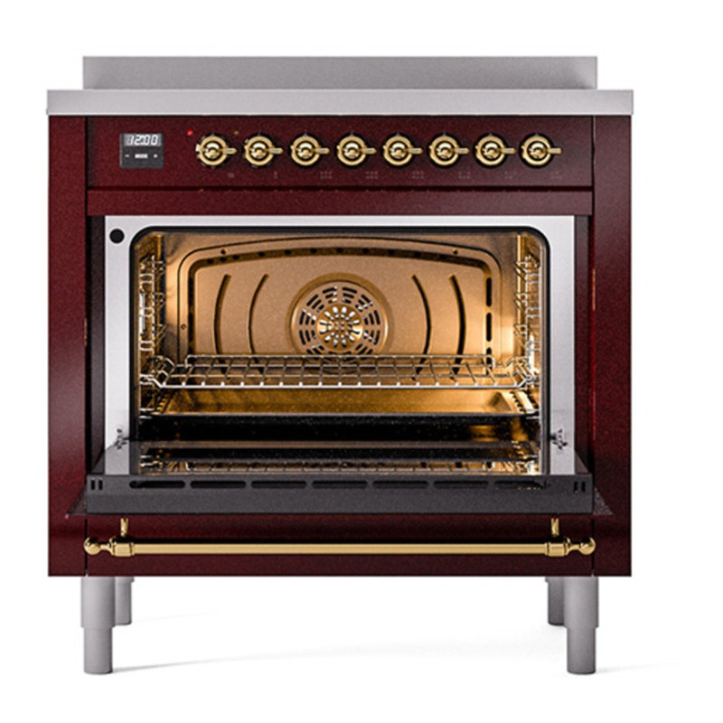 Cuisinière à induction 36 pouces avec 6 éléments à induction ILVE Nostalgie II Series (porte en verre), Bourgogne / laiton