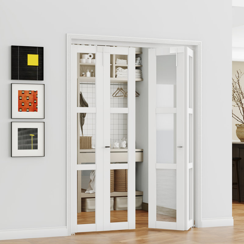 Porte pliante en verre - 3 verres transparents avec serrure de porte pliante et poignée en forme de T, 72 po x 80 po, 2