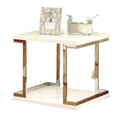 Table de bout de style contemporain blanche 1 pièce Tablette inférieure avec revêtement en laque ultrabrillante Cadre chromé décorant des meubles de salon