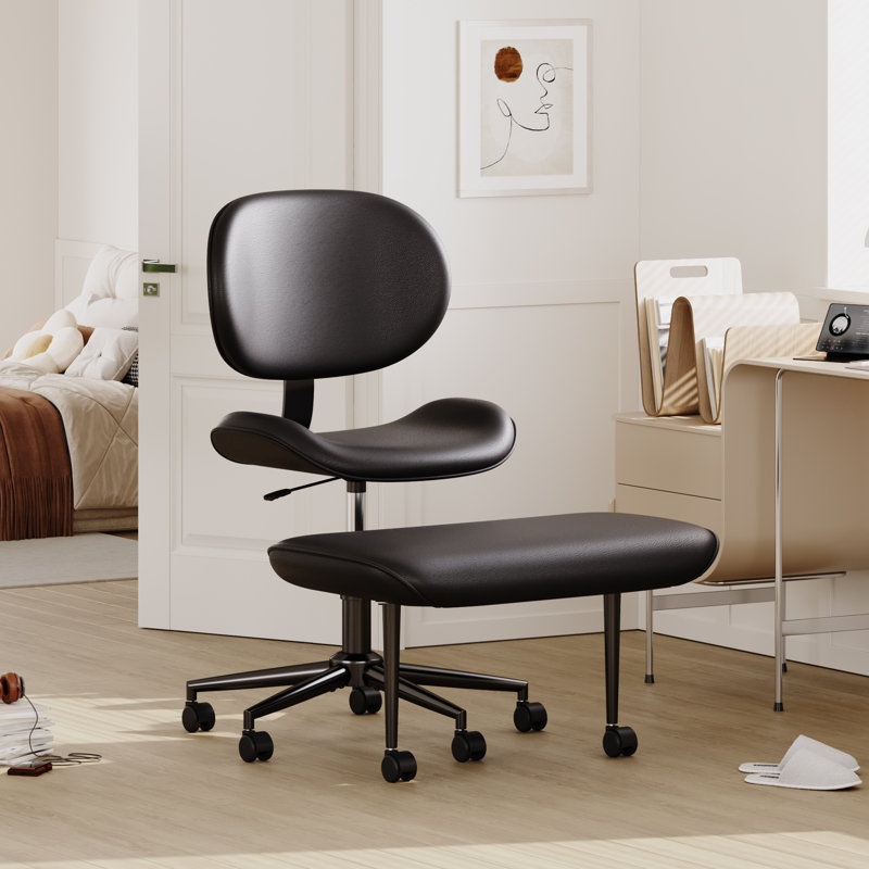 18.9" Seat Width Ergonomic Cross-Legged Black Office Chair with 27.9" Integrated Footstool, PU Leather Swivel Desk Chair with Adjustable Height and Back Support Ideal for Home, Office