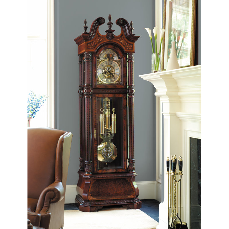 J.H. Horloge grand-père Miller en édition limitée, 16 incrustations de bois franc, triple carillon allemand Kieninger
