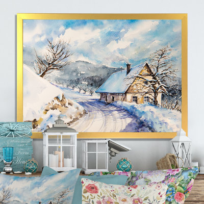 Winter Landscape Old House Mountains - reproduction d'art sur toile